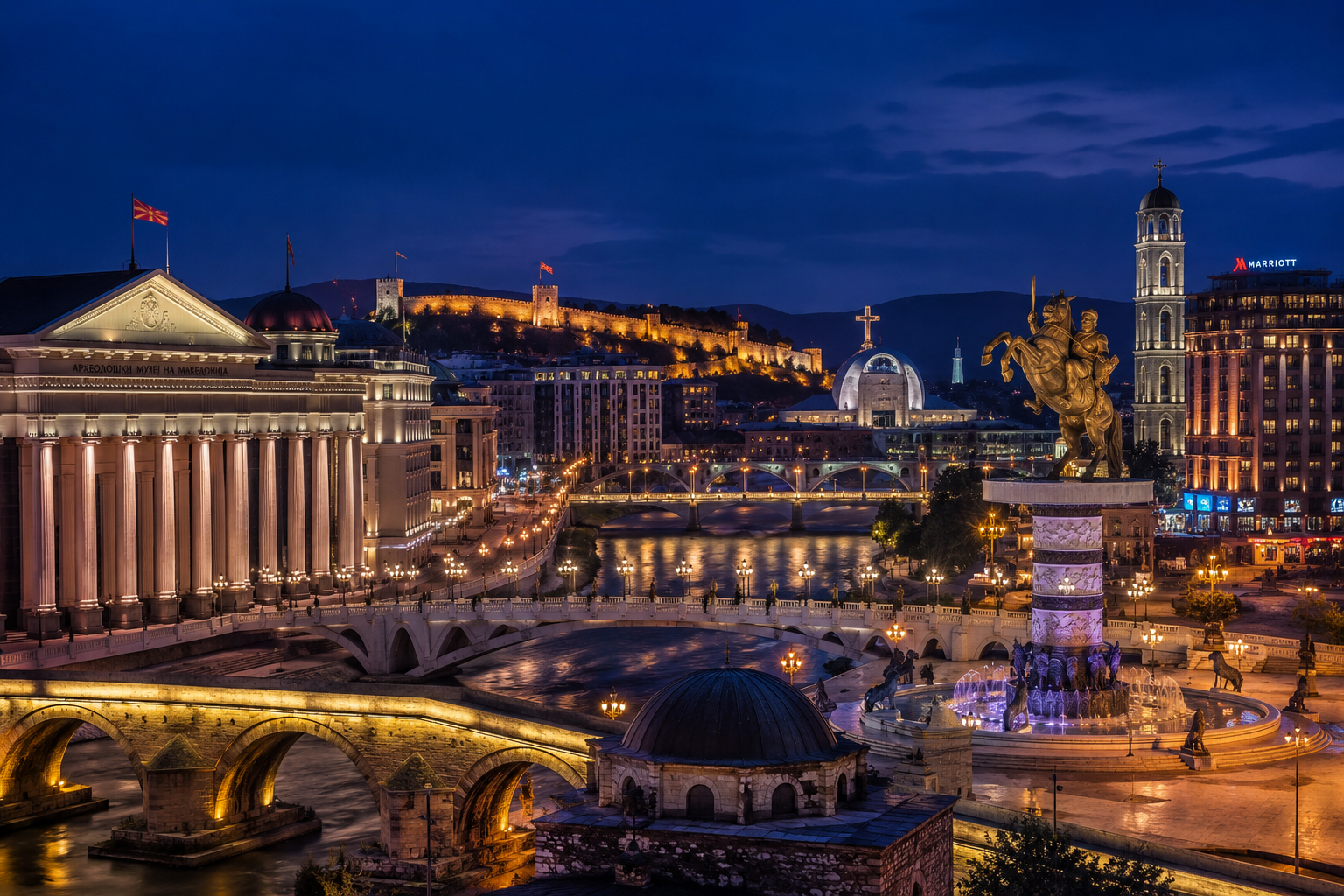 Skopje city skyline at night